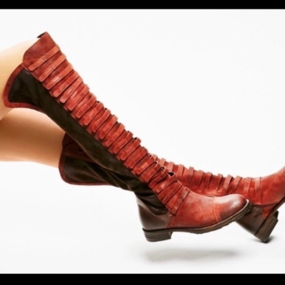 $498 Free People Forest Brown OTK Strappy Military Leather Boots - Picture 4 of 10